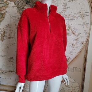 Loft fuzzy cozy sherpa red quarter zip pullover jacket gorpcore colorful soft M